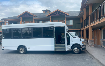 The Party Bus parked in front of a ski chalet