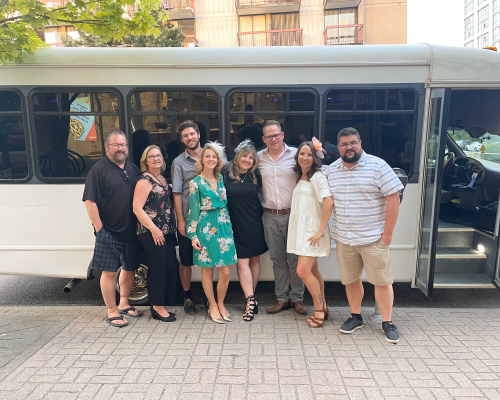 A group of clients boarding the Party Bus