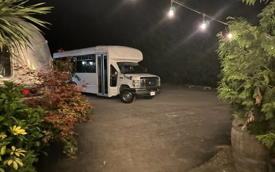 ITTG's Party Bus parked under aesthetic string lights